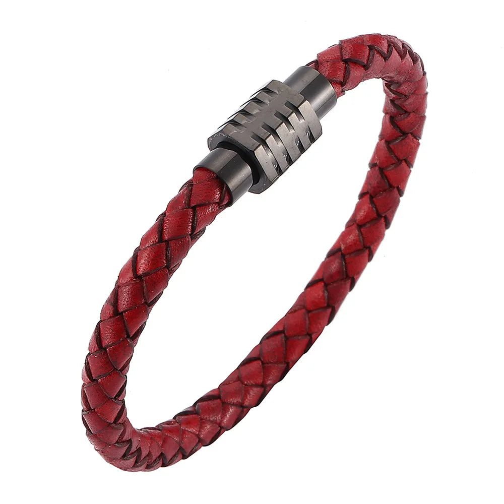 MKENDN Fashion Punk Men Jewelry Black Braided Leather Bracelet Stainless Steel Magnetic Clasp Fashion Bangles Gift