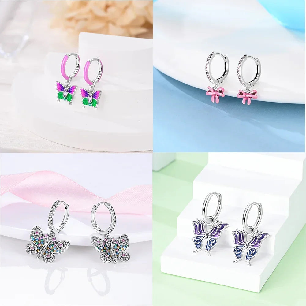 Earrings Woman 925 Silver Cherry Pear Apple Butterfly Sunflower Hoop Earrings for Women Engagement Birthday Fine Jewelry Gift