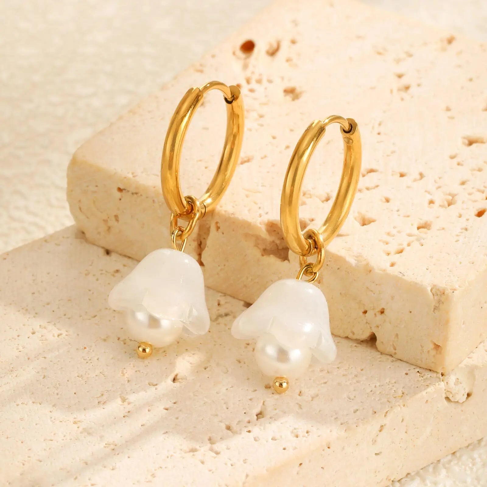 Vnox Charm Geometry Pearl Orchid Drop Earrings For Women Stainless Steel Hoop Classic Ear Jewelry  Wedding Party Gift Earring