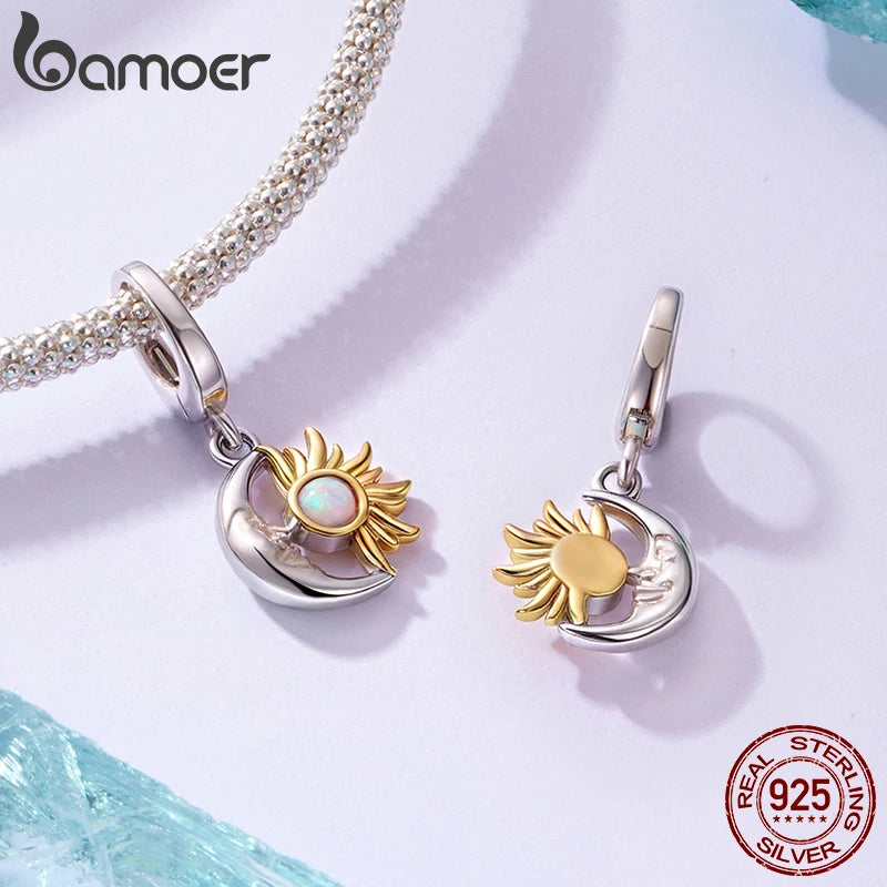 BAMOER 925 Sterling Silber Sonnen- und Mond-Medaillon-Anhänger mit Regenbogenopal-Dämonenaugenperlen, Original für Damen, DIY-Schutzhalskette
