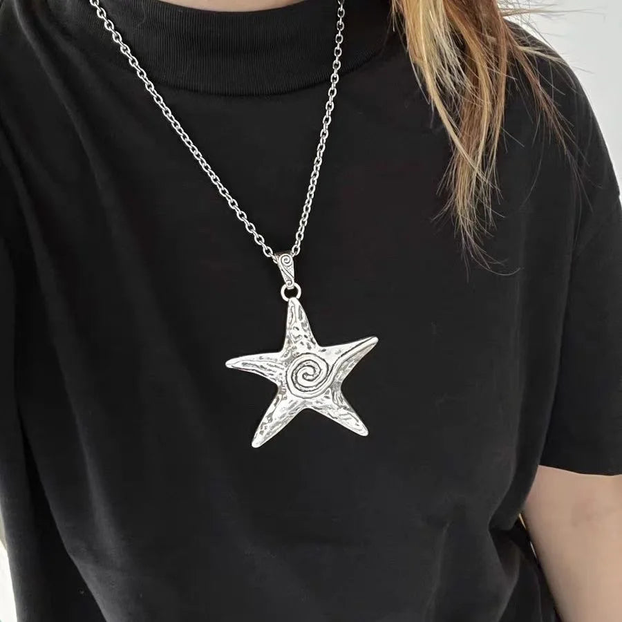 Exaggerated Metal Big Starfish Pendant Necklace for Women Silver Color Punk Gothic Star Chain Choker Girl Party Y2K Jewelry
