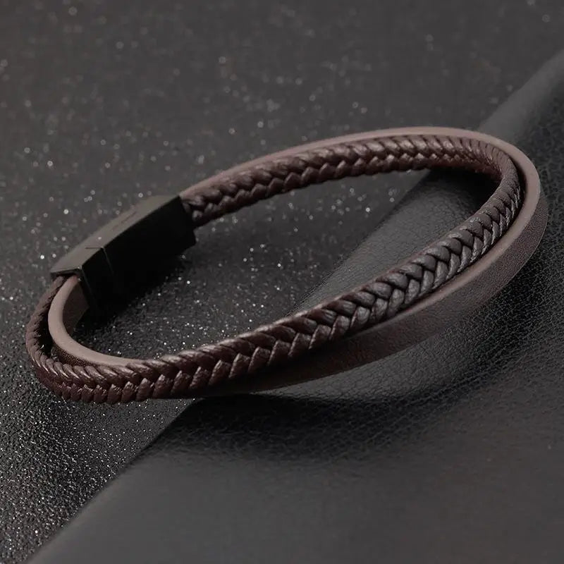 Jiayiqi Doppellagiges geflochtenes Lederarmband für Herren, Schwarz/Braun, Trendiges Herrenarmband, Schlichtes Design, Geschenkidee für Männer