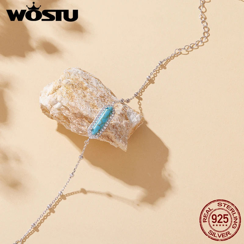 WOSTU Real 925 Sterling Silver Minimalist Rectangle Turquoise Bracelet For Women, Geometric Party Bracelet Fine Jewelry Gift