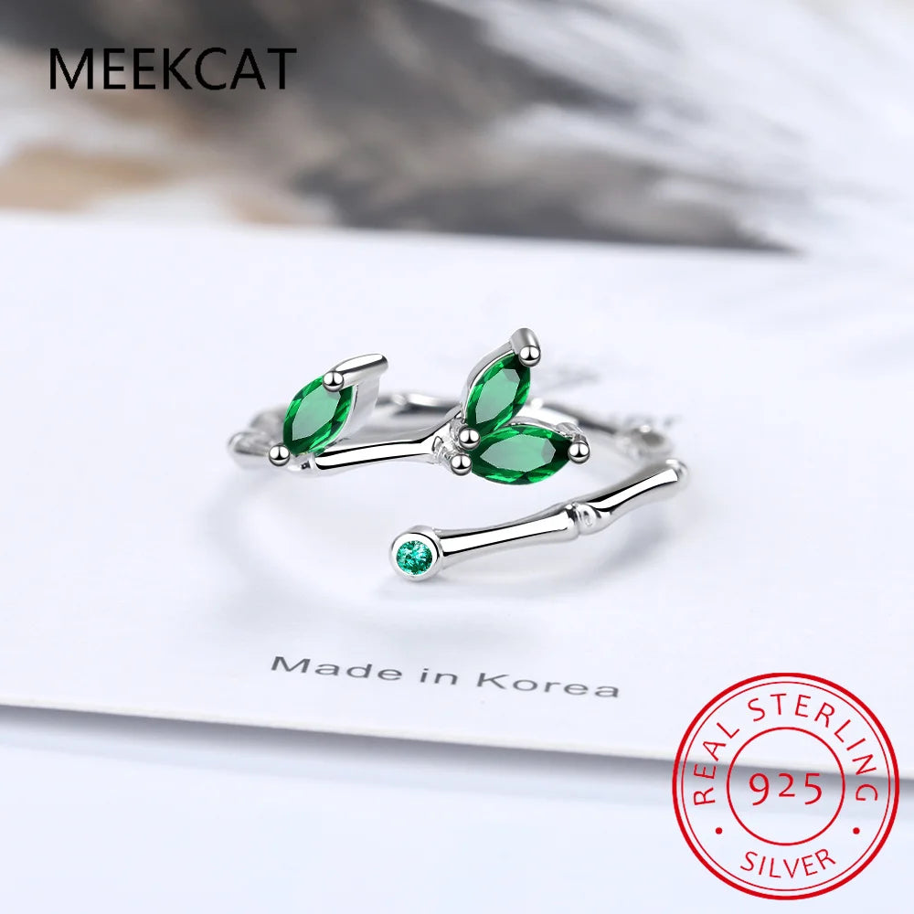 Leaves Simulated Nano Emerald 925 Sterling Silver Slub Open Ring for Women Statement Green Gemstone Fine Jewelry Anillos