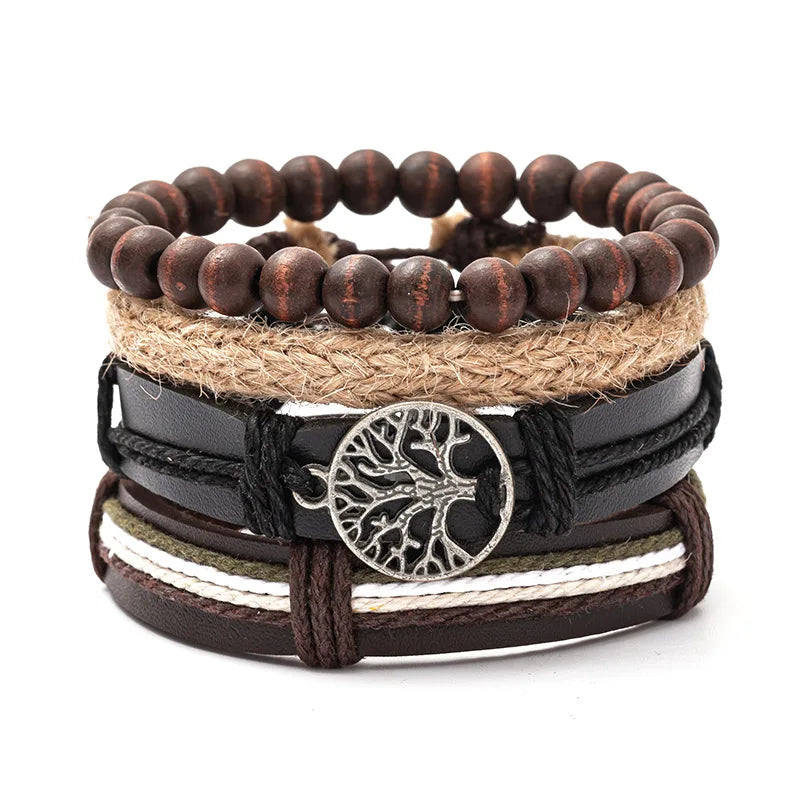 Ensemble de quatre accessoires en alliage Arbre de Vie : bracelet en cuir pour homme, perles en bois et ornement en cuir tissé à la main.