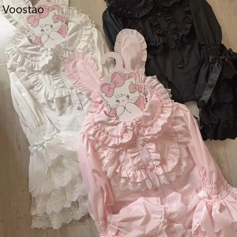 Japanese Sweet Lolita Style Blouses Women Cute Lace Peter Pan Collar Bow Flare Long Sleeve Gothic Shirts Female Kawaii Y2k Tops