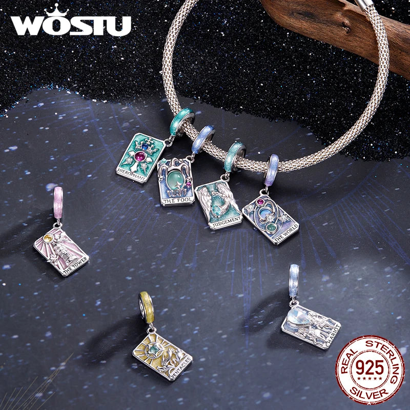WOSTU 925 Sterling Silver Tarot Card Charm Pendant For Women Multi Color S925 DIY Beads Fit Original Bracele Neck Jewelry Making