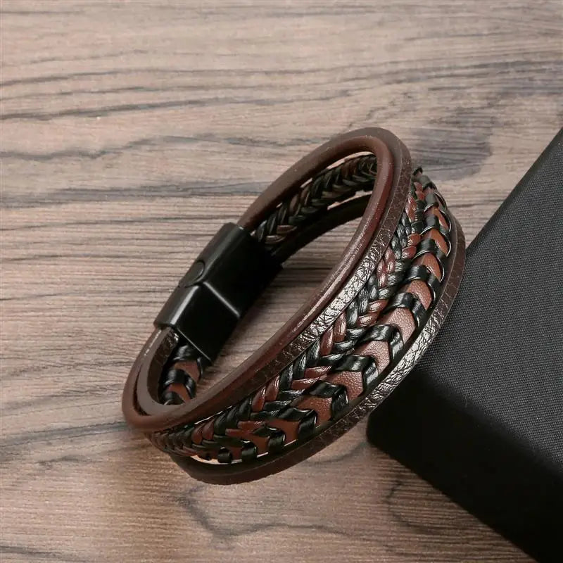 Jiayiqi Fashion Braided Rope Woven Multilayer Leather Men Bracelets Punk Stainless Steel Bangle for Friend Charm Jewelry Gifts