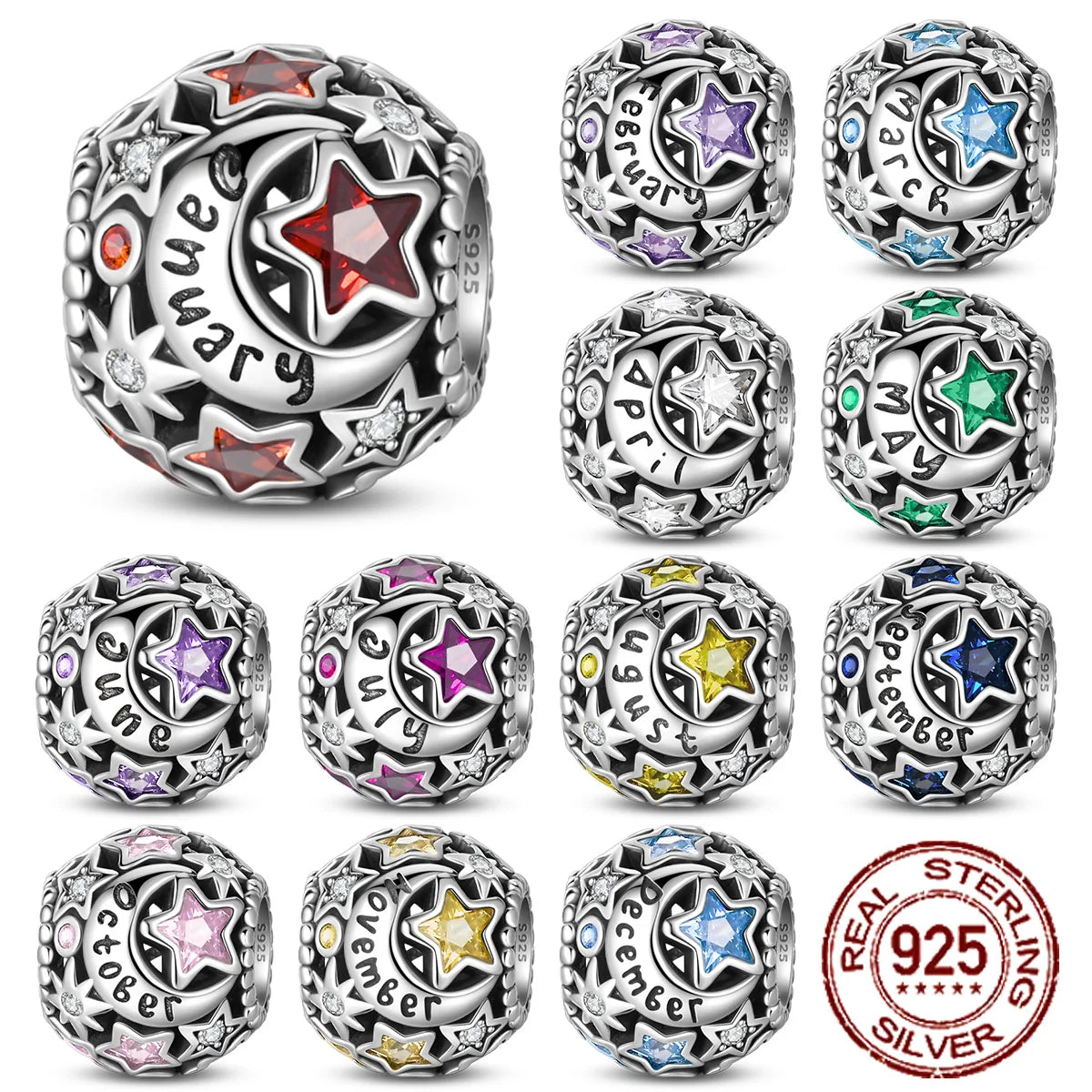 925 Sterling Silber Geburtsstein Sterne Mond Sonne Neues Design Perlen Charm Bead Fit Armband DIY Schmuck für Frauen