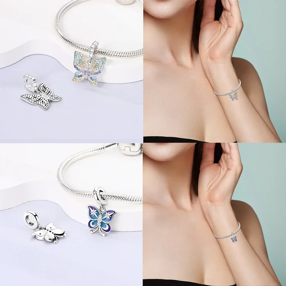 925 Sterling Silver Blue Series Butterfly Beads Pendant Fit Bangle Charms Bracelet DIY Women Original Jewelry