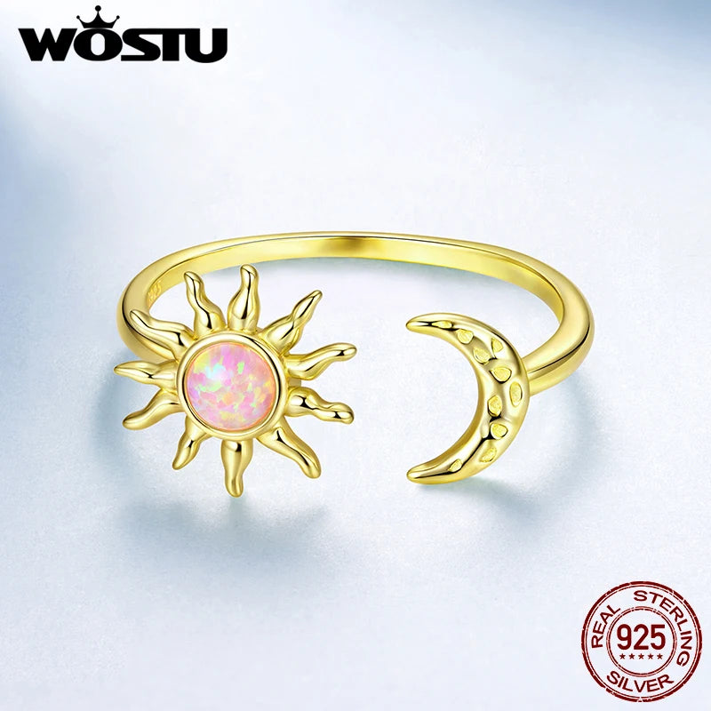 WOSTU 925 Sterling Silver Opal Sun and Moon Open Ring Plated Gold Original Warm for Women Anniversary Birthday Fine Jewelry Gift