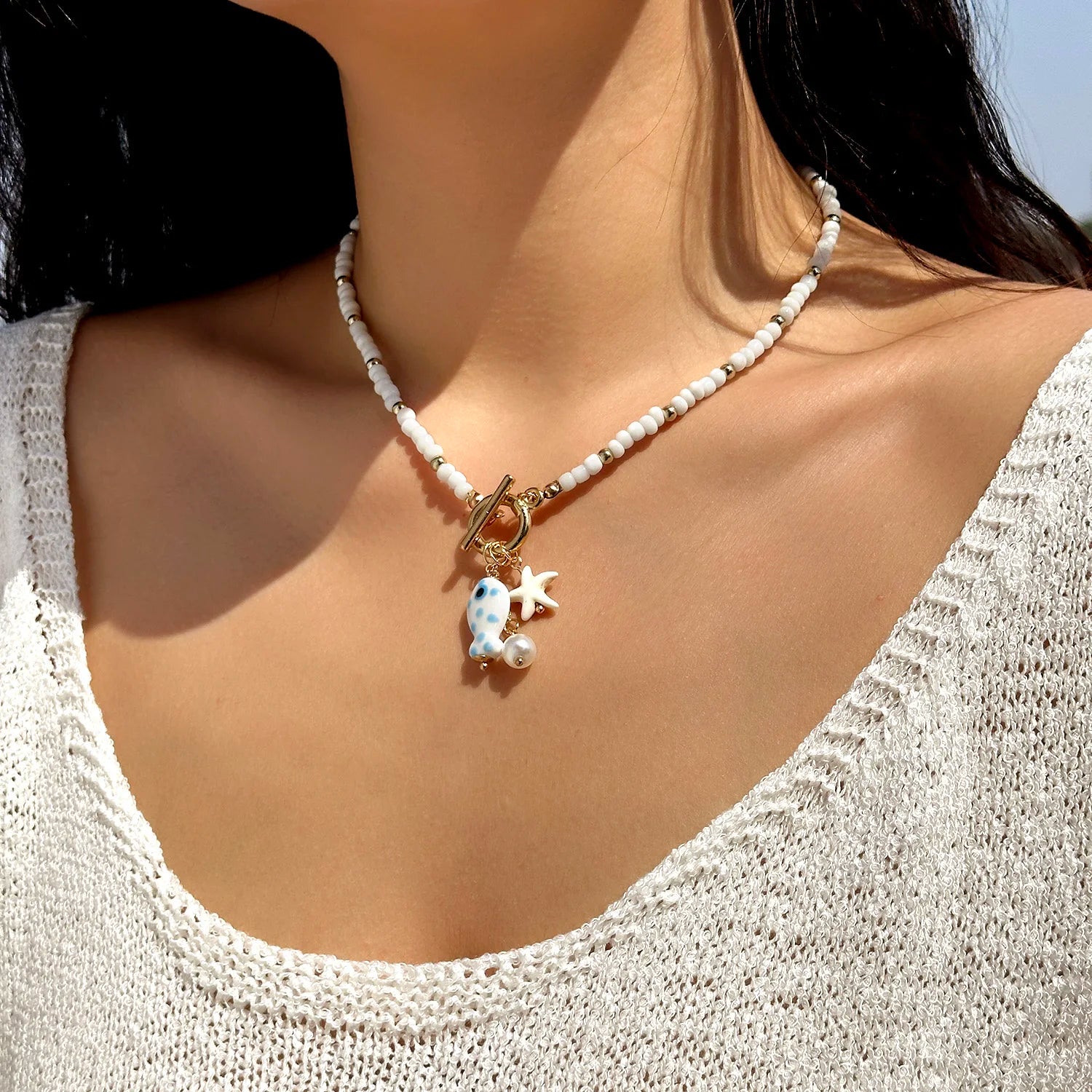 Charm Ceramic Cartoon Fish Pendant Necklace For Women Girls Colorful Rice Beads Starfish OT Buckle Choker Beach Party Jewelry