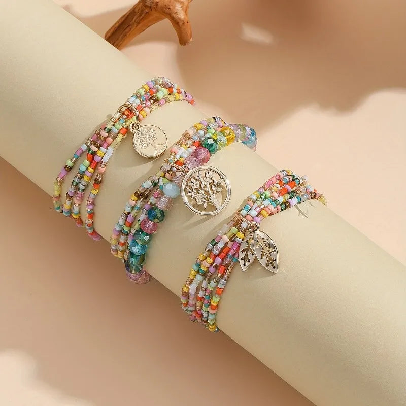13pcs Boho Beaded Anklet Set with Tree Leaf Charms Adjustable Colorful Beads for Women Perfect for Parties Vacations - Madeinsea©