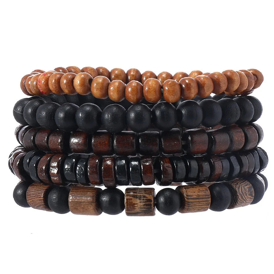 4Pcs/ Set Braided Wrap Leather Bracelets for Men Vintage Life Tree Rudder Charm Wood Beads Ethnic Tribal Wristband Rope Bracelet