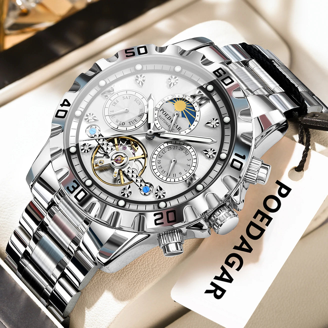 POEDAGAR Business Top Watch For Man Hollow Tourbillon Automatic Men's Watches Date Week Mechanical Stainless Steel Men Clock+Box