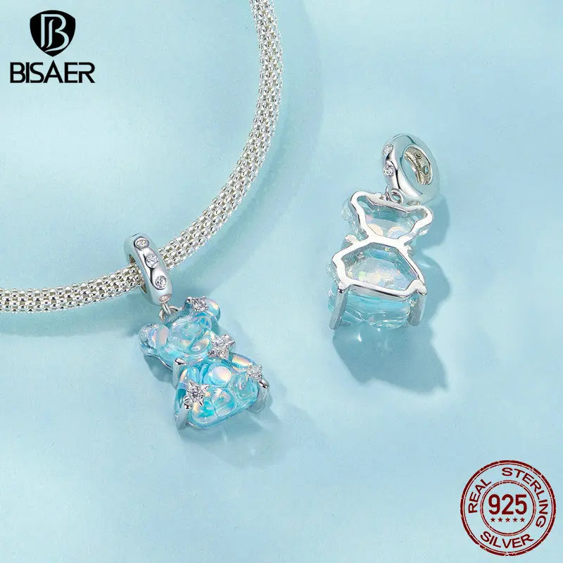 BISAER 925 Sterling Silver Blue Ocean Charm Bead Shell Starfish Turtle Pendant Fit Women DIY Bracelet Fine Jewelry Vacation Gift