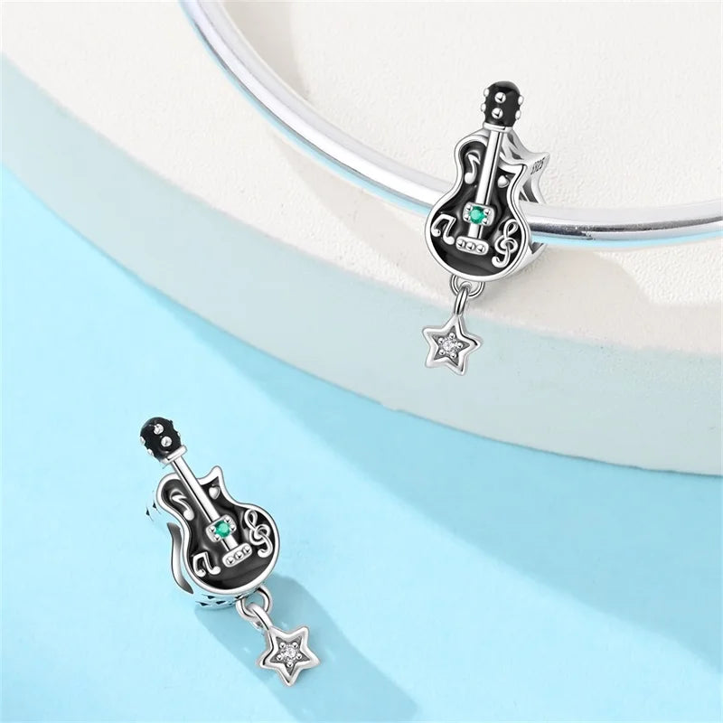 100% 925 Sterling Silver Guitar Rock Musical Note Carousal Headphones Charms Beads For Bracelet Necklace DIY Jewelry Accessories