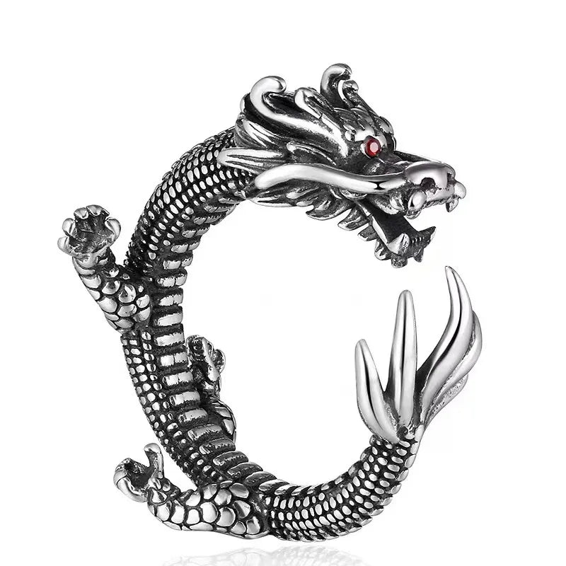 Buyee 925 Sterling Silber Einzigartiger Ringfinger für Damen und Herren, modisch, chinesischer Drache, Tier, Rock, Punk, edler Schmuck, Kreis, mit Box
