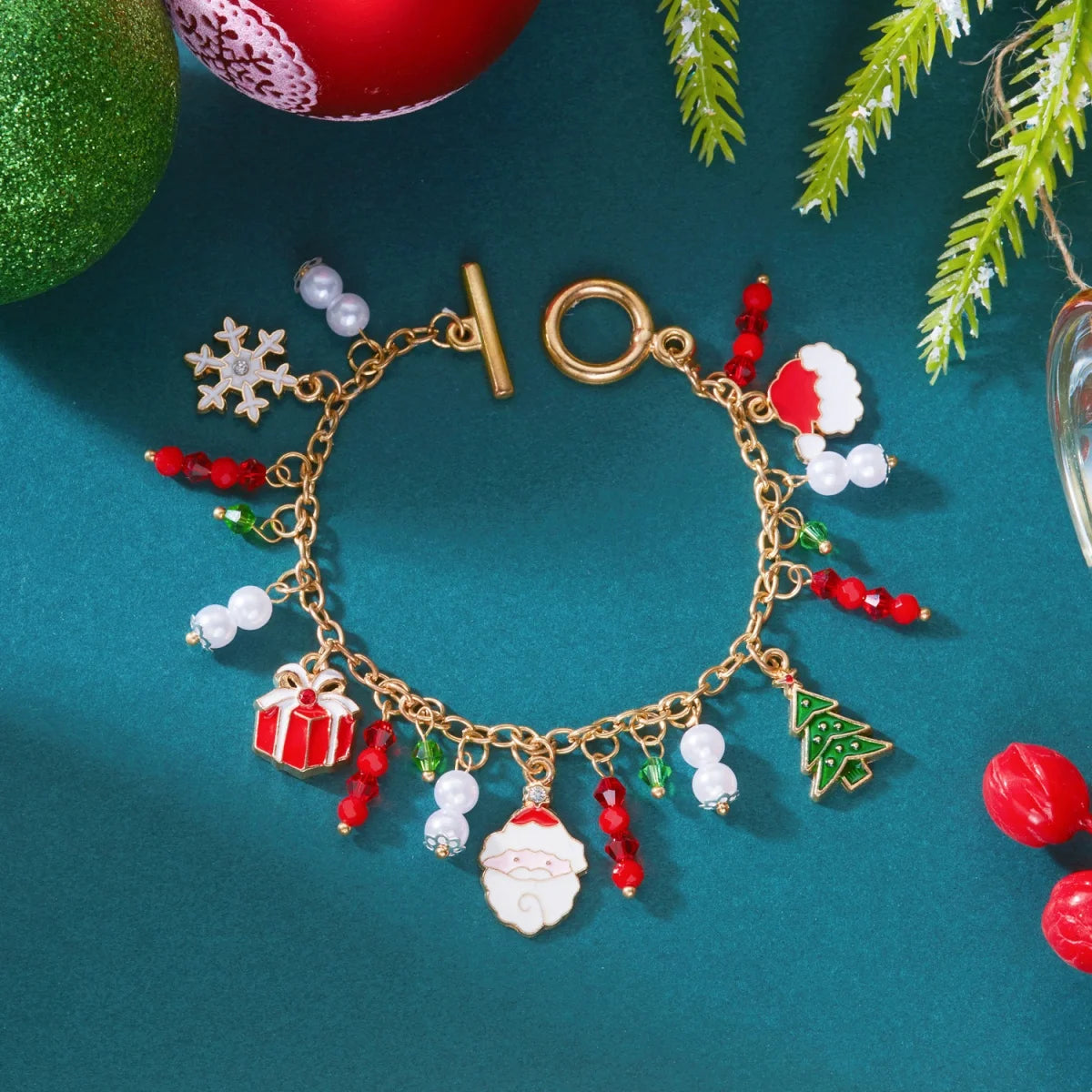Christmas Bracelet Snowflake Santa Claus Snowman Deer Xmas Tree Wreath Imitation Pearl Crystal Beads Tassel Bangle For Women Men