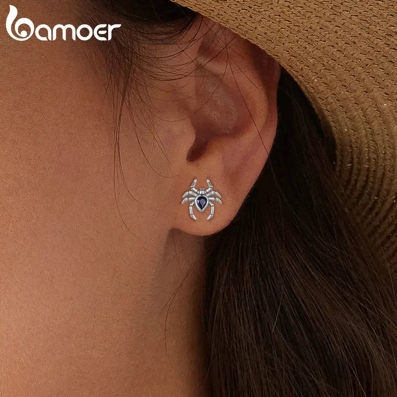 Bamoer Original 925 Sterling Silver Spider Earring Skull Grimace Ear Stud Animal For Women Men Halloween Party Gift Fine Jewelry