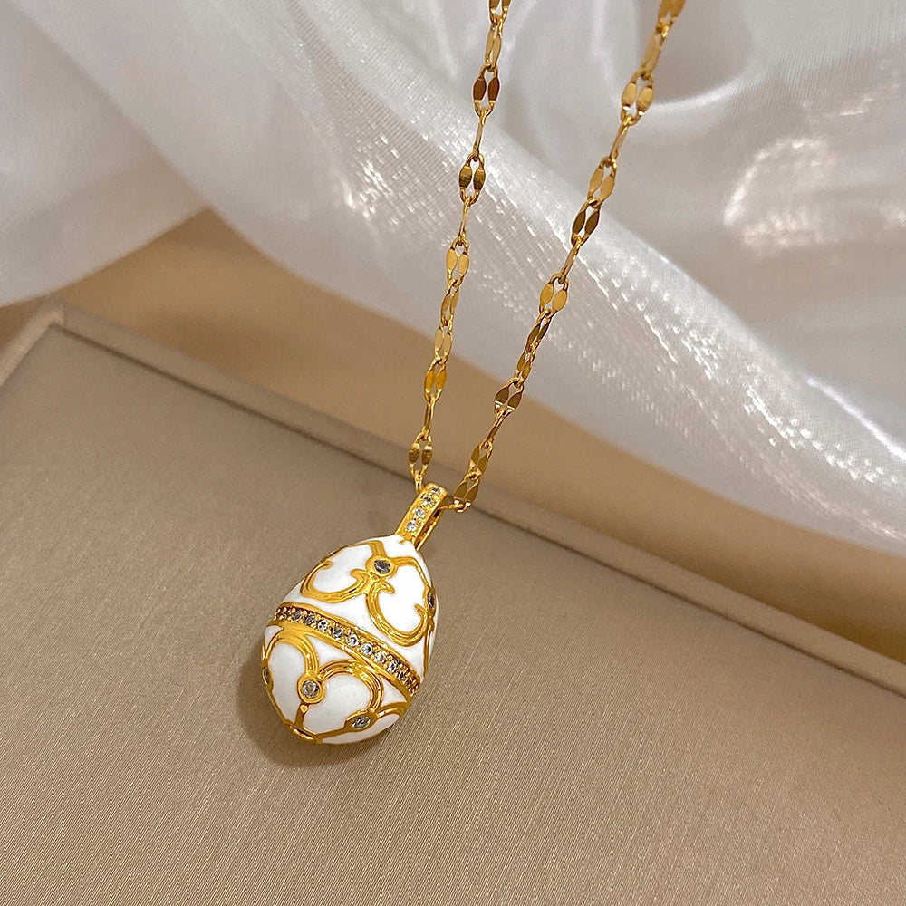 AENSOA Colorful Enamel Easter Egg Pendant Necklaces for Women Guilloche Locket Egg Rhinestone Charm Necklace Gold Color Jewelry