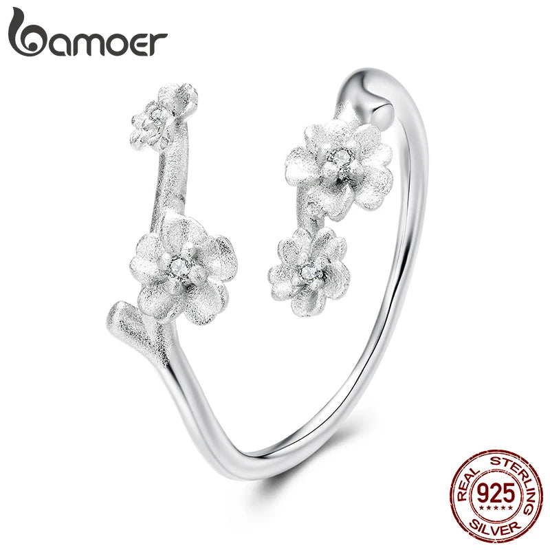 BAMOER 925 Sterling Silber Pflaumenblütenring, offener Winterblumenring mit mattierter Oberfläche, verstellbar, elegantes Geschenk für Damen