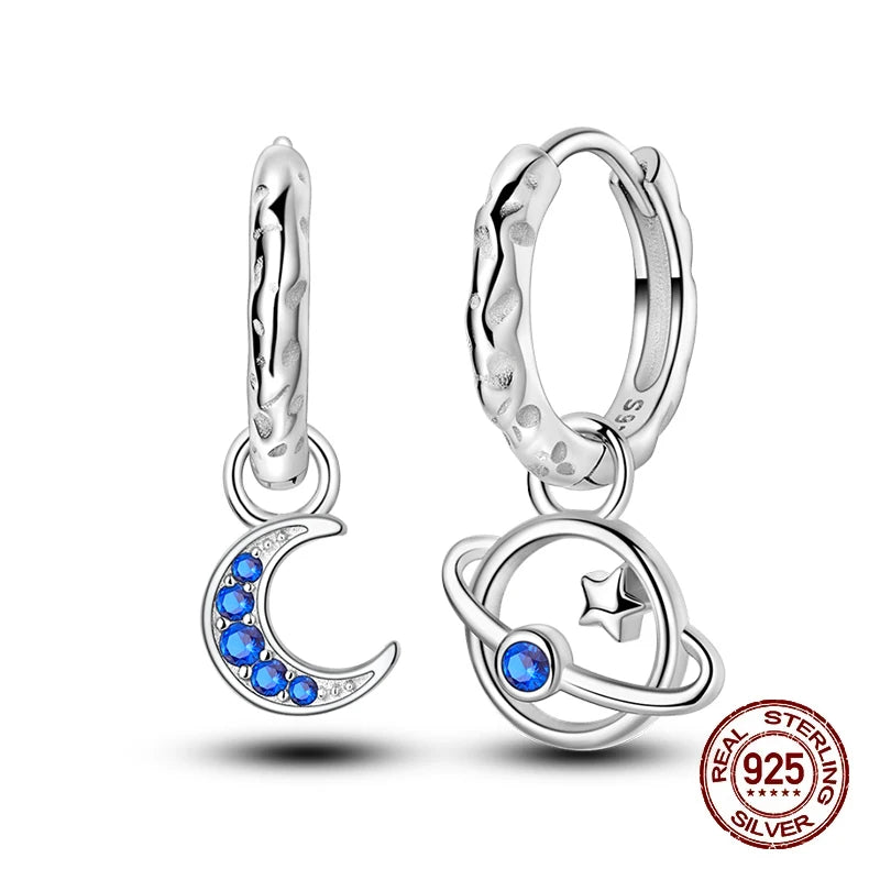 New Earring For Women Girls 100% 925 Sterling Silver Sparkling Zircon Stars Moon Feather Double Hoop Earrings Luxury Jewelry