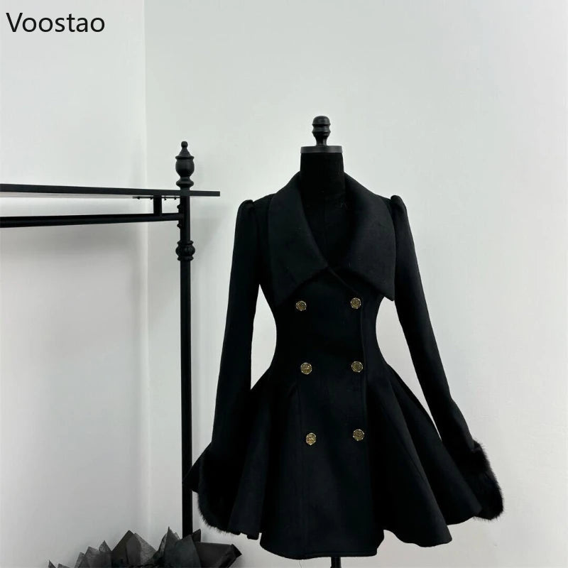 Autumn Winter Japanese Elegant Lolita Woolen Coat Women Sweet Fur Collar Slim Jacket Female Korean Y2k Warm Dress Cute Overcoat