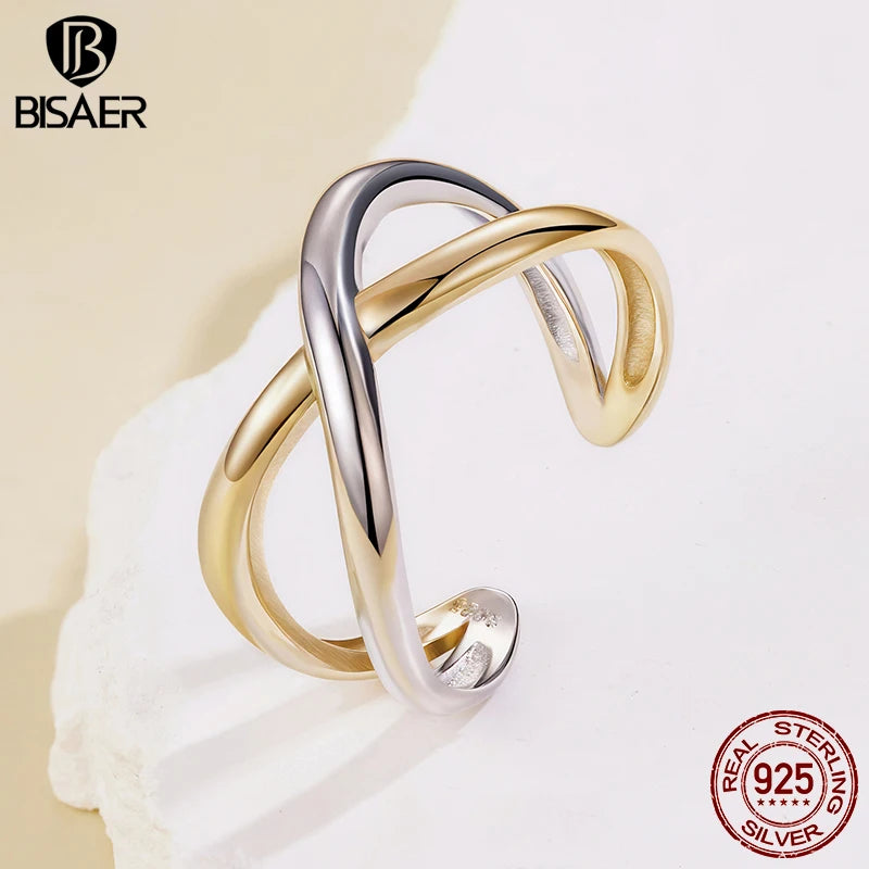 BISAER 925 Sterling Silver Two-tones Cross X Open Ring Minimalist Stackable Eternity Band Plated Gold for Women Fine Jewelry