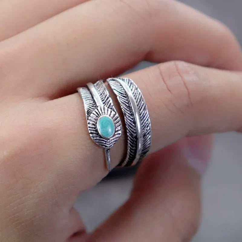 Retro Green Stone Feather Ring For Men Silver Color Punk Gothic Open Ring Handmade Designer Jewelry Unisex Accessories Love Gift