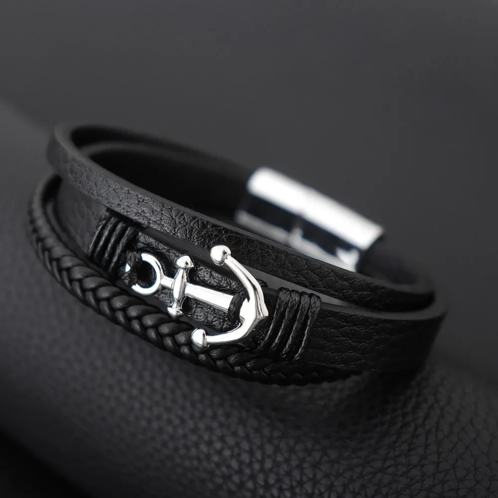 Woven Metal Steel Boat Anchor Bracelet Men's Handmade Leather Bracelet Fashion Personality National Style Jewelry