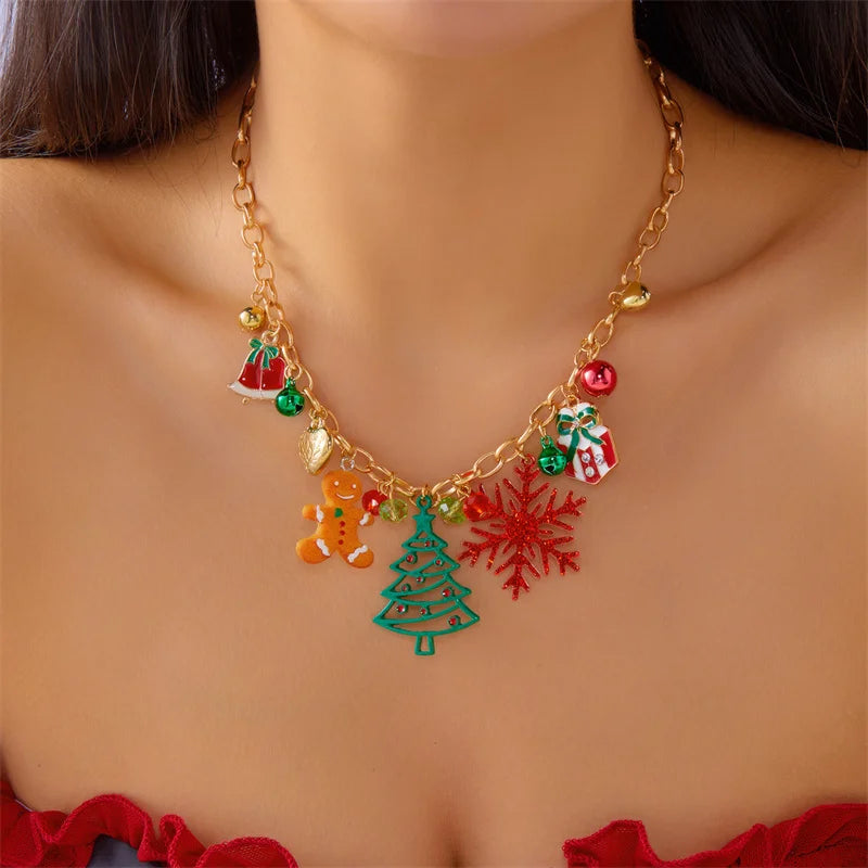 Fashion Christmas Metal Chain Necklace For Women Crystal Zircon Elk Santa Claus Snowman Bell Xmas Tree Pendant Choker Jewelry