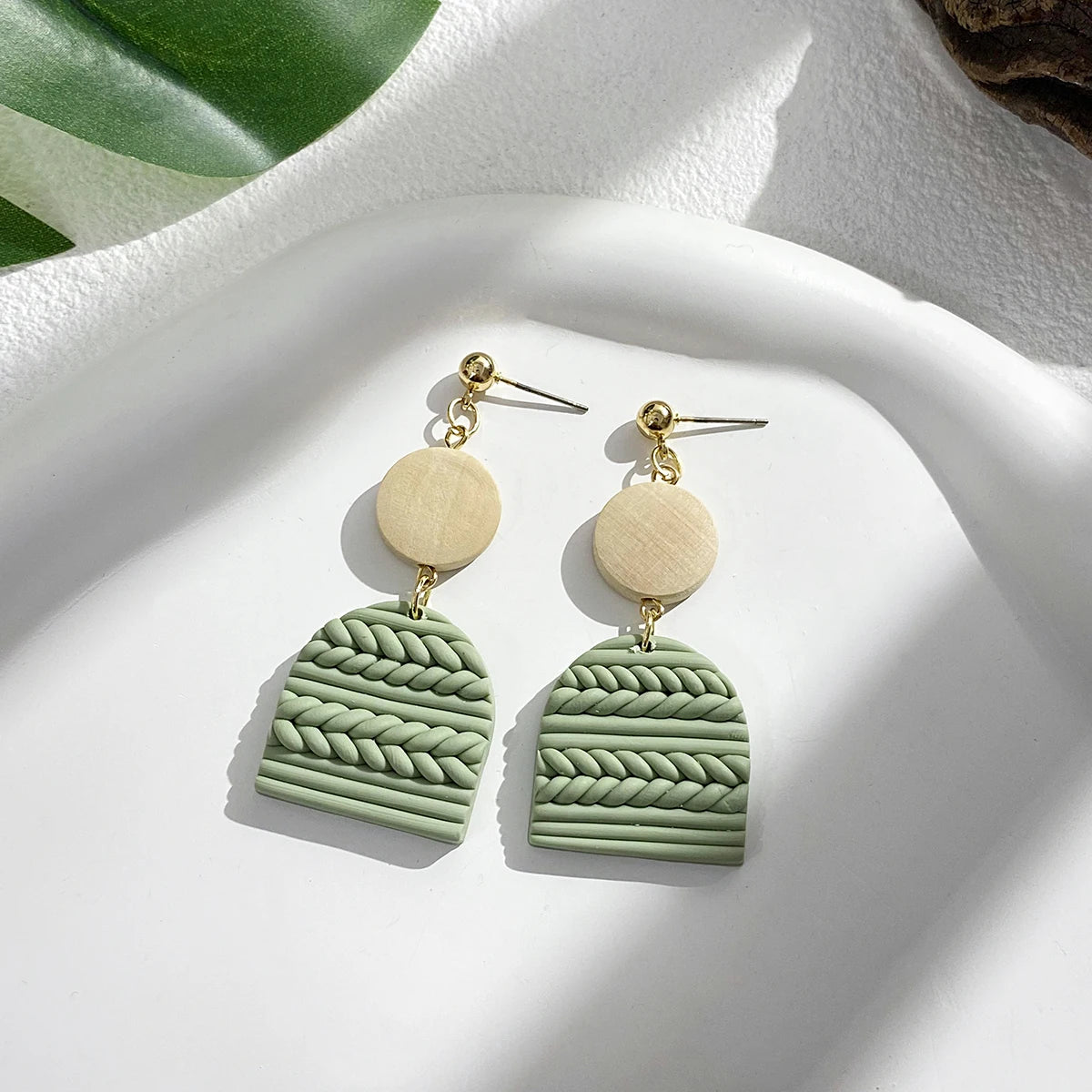 AENSOA Handmade Wooden Braided Polymer Clay Earrigns for Women Multicolor Unusual Knited Heart Geometric Drop Earrings Jewelry