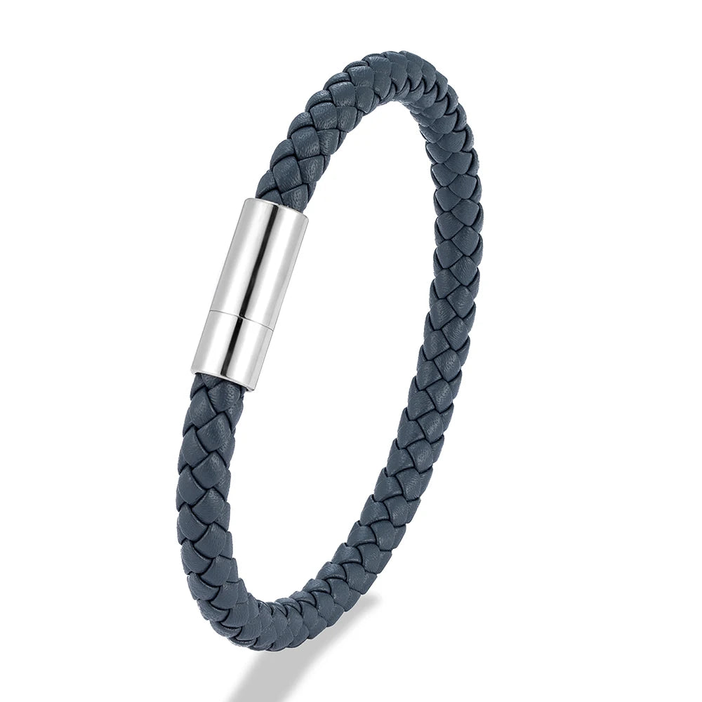 MKENDN Klassisches blaues geflochtenes Lederarmband mit magnetischem Edelstahlverschluss – Schlichtes und stilvolles Schmuckgeschenk für Paare