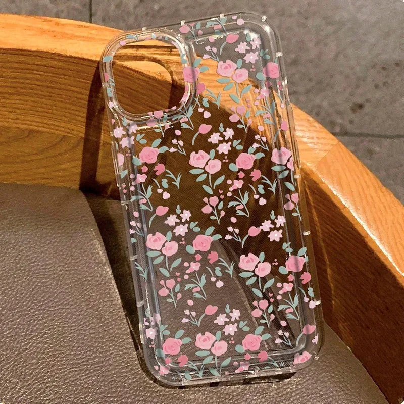 Pink Flower Strawberry Clear Phone Case For iPhone 14 13 11 12 15 16 17 Air Pro Max 16E SE2 7 8 Plus Airbag Shockproof Cover