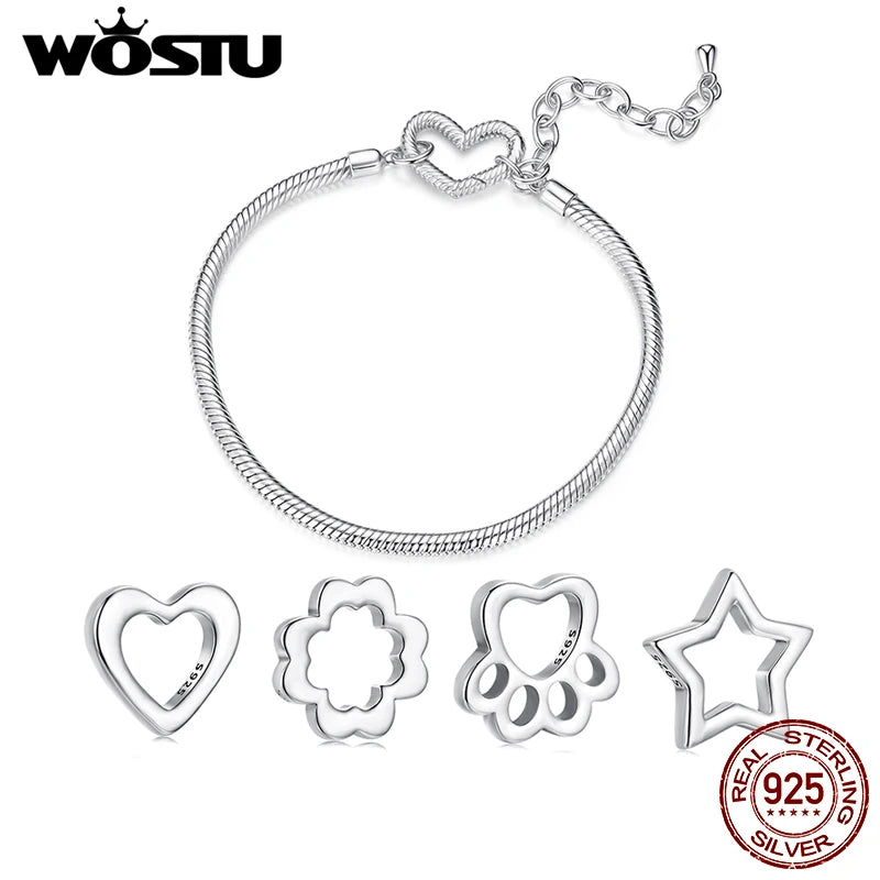 WOSTU 925 Sterling Silver Adjustable Basic Heart Bangle Bracele Pet paw Hollow Charms Star Heart Beads Original DIY Jewelry Gift