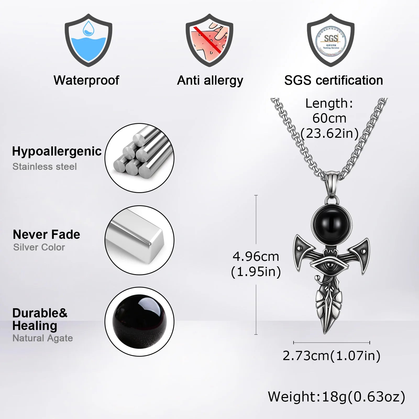 Vnox Gothic Herus Eye Pendant Necklaces, Mens Ankh Cross Pendant, Hammer Pendant with Black Agate Stone, Punk Devil Jewelry
