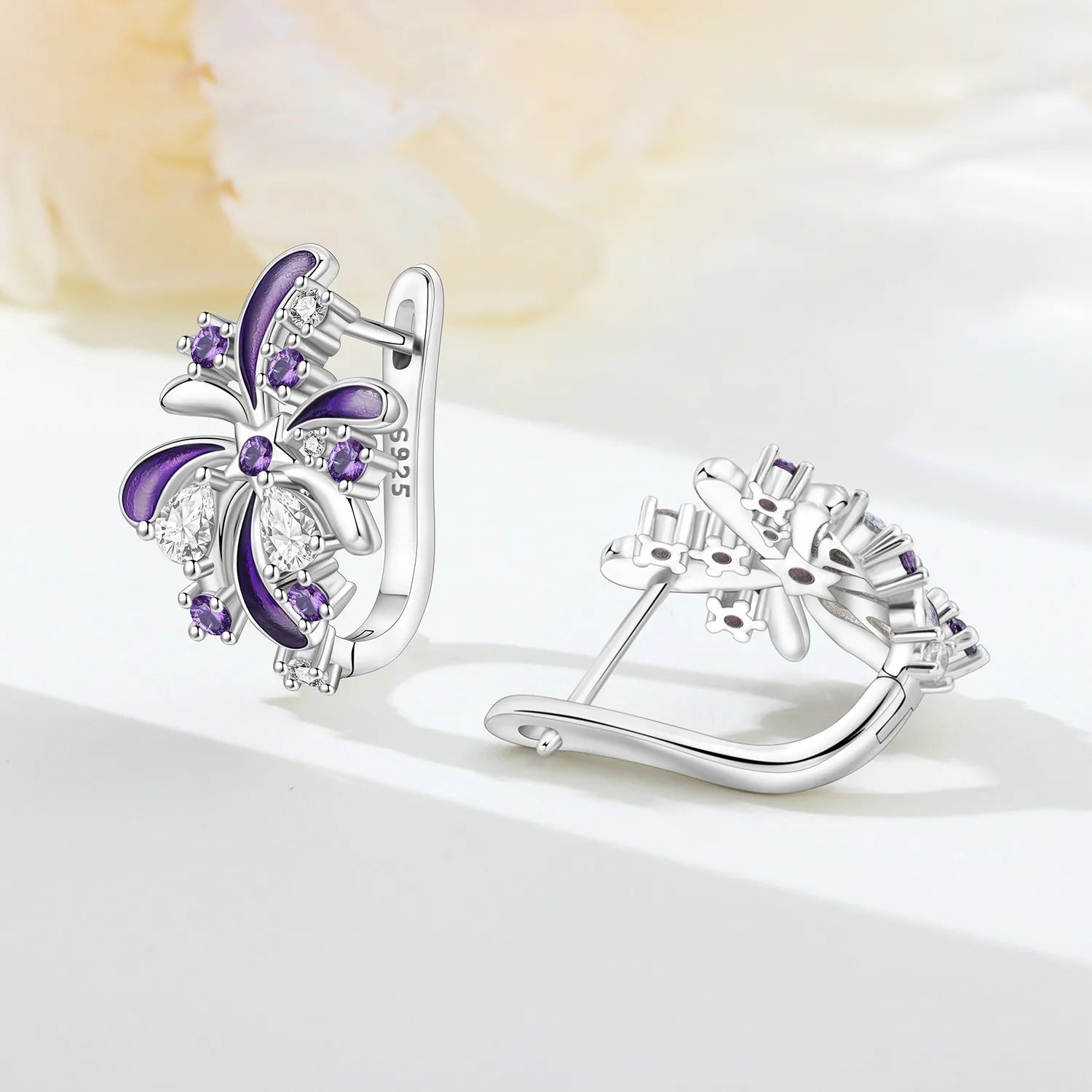 PANPOKI S925 Sterling Silver Purple Zircon Lucky Symbol Earrings Versatile Hoop Earrings For Women Jewelry Original Gifts