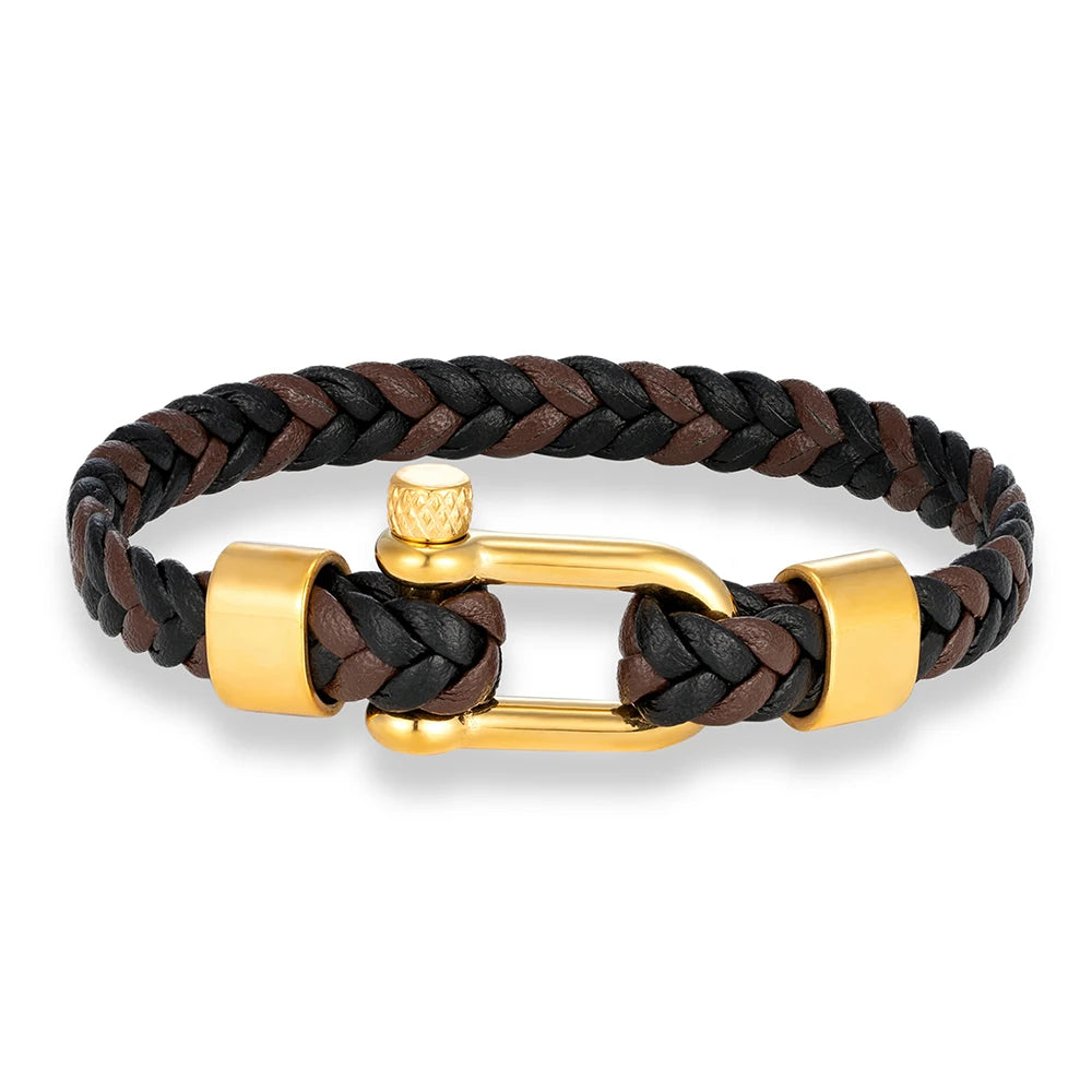 MKENDN Punk Gold Plated Stainless Steel U-shape Shackle Bucklae Bracelets Black Blue Braided Leather Bracelet Homme Pulseras