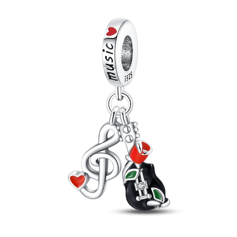Romantic Music Charms Beads 925 Sterling Silver Piano Violin Red Guitar Punk Saxophone Pendants Fit Qikaola Bracelet DIY Jewelry