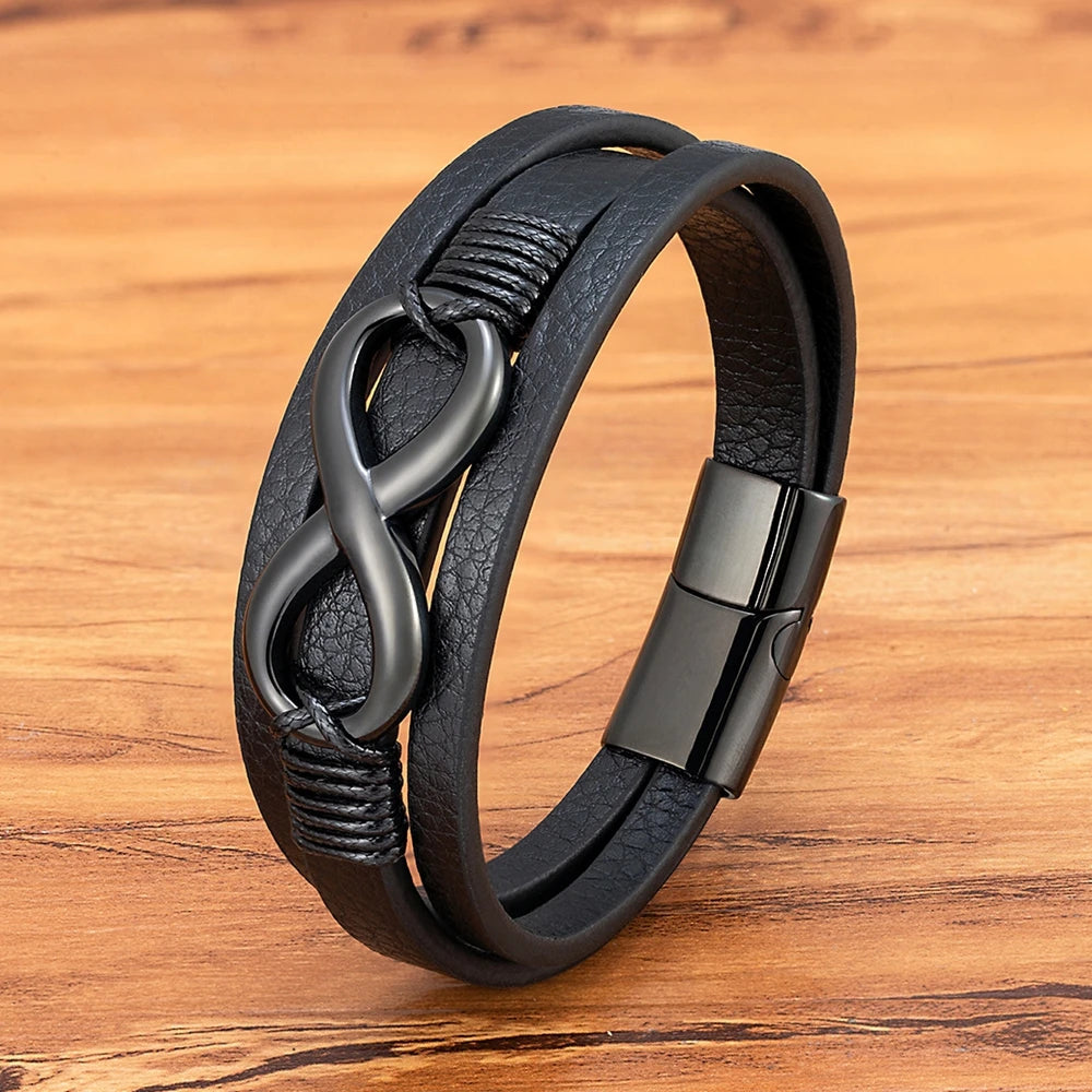 TYO Multilayer 8 Shape Infinite Symbol Men Bracelet Leather 3 Colors Metal Stainless Steel Magnetic buckle Jewelry Bangle Gift