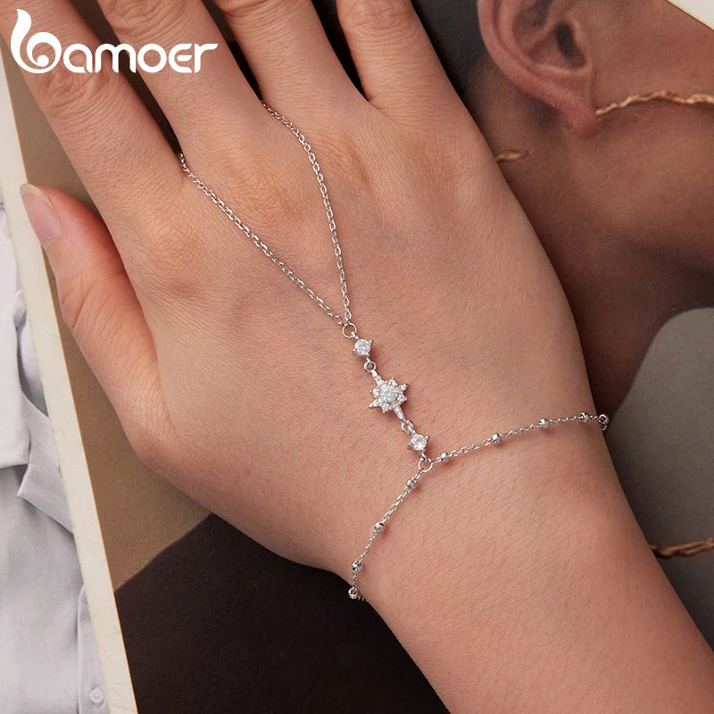 BAMOER 925 Sterling Silber Stern-Handketten-Armband mit Zirkonia-Ring, zartes Armband-Set für Damen, Sommer, verstellbarer Körperschmuck