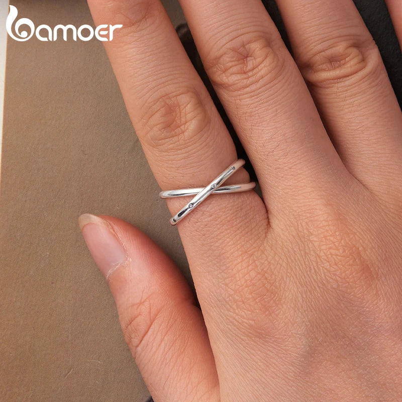 BAMOER Doppellagiger Kreuzring mit Pavé-Zirkonia-Fassung, ineinandergreifender Kreisring für Damen, 925er Sterlingsilber, Geschenkidee