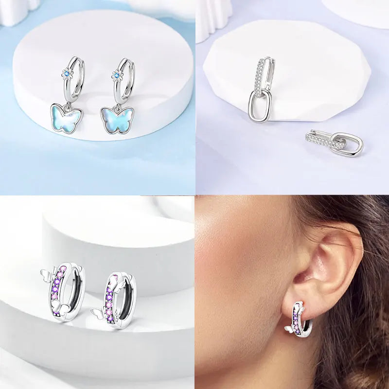 Ear Ring Series 925 Sterling Silver Star Moon Unicorn Tulip Flower Butterfly Bee Geometry Earrings Ladies Pairing with Jewelry