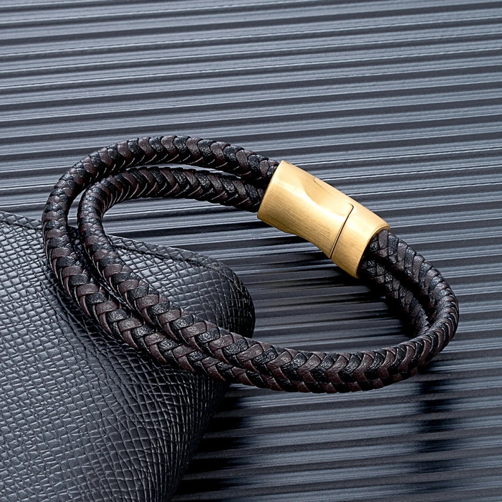 MKENDN Simple Style Men Braided Blue Brown and Black Leather Bracelet Matte Black Stainless Steel Button Accessories Jewelry