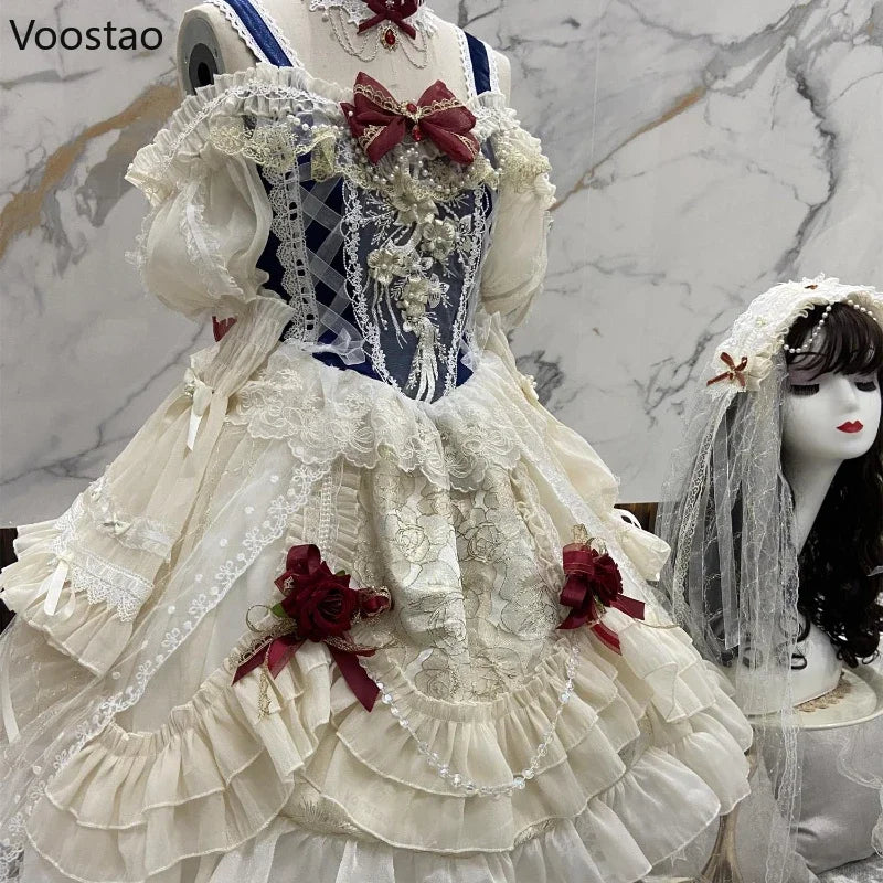 Japanisches Sweet Lolita Prinzessinnenkleid für Damen, elegant im Vintage-Stil mit Schleife, schulterfrei, aus Spitze, Mesh und Perlen, Abendkleid für Partys, Lolita-Kleidung