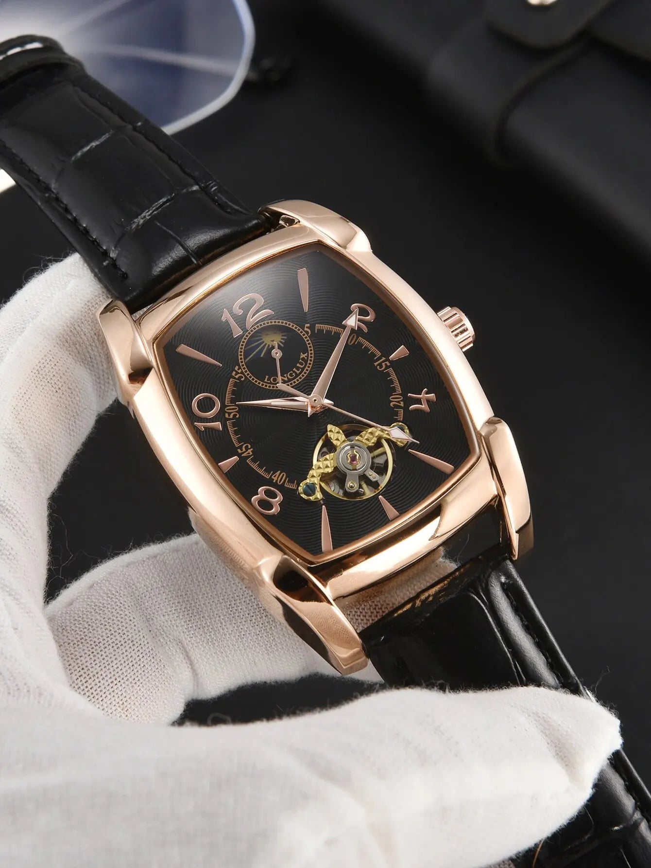 Men automatic mechanical watch moon tourbillon luxury watches leather waterproof skeleton wholesale gift watch