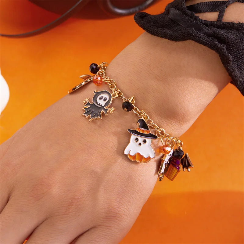 Halloween Funny Pumpkin Ghost Bracelet For Women Black Bat Spider Web Hat Metal Chain Bangles Hip Hop Punk Festival Jewelry Gift