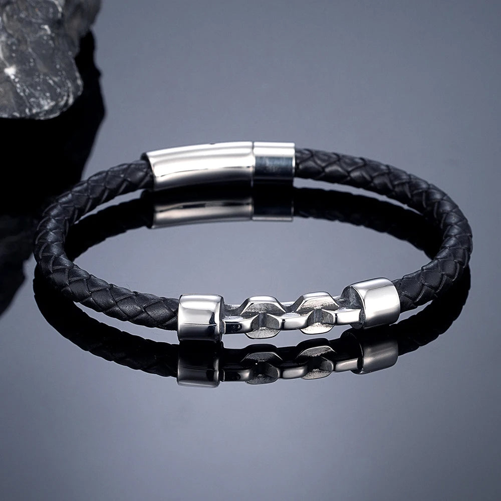 MKENDN Punk Style Multilayer Braided Leather Bracelet Vintage Men Bicycle Chain Bracelet Stainless Steel Easy Buckle Male Gift