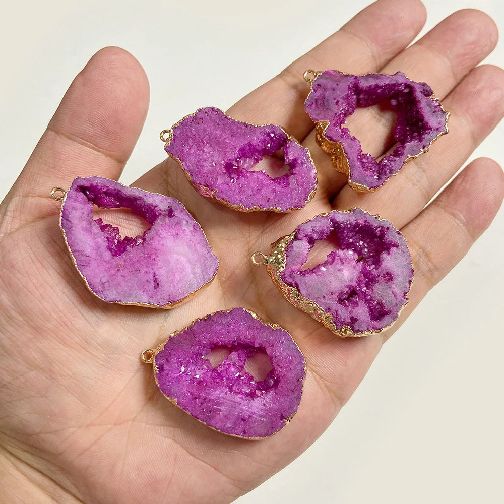 1 PCS Colorful Natural Quartz Geode Pendant Irregular Shape Gold Color Plated Agat Slice Charm Pendants For Jewelry Necklace DIY